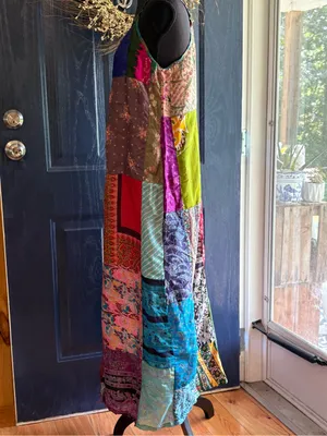 Sacred Threads Patchwork 100% Silk Maxi Dress size S/M *read* thumbnail 3