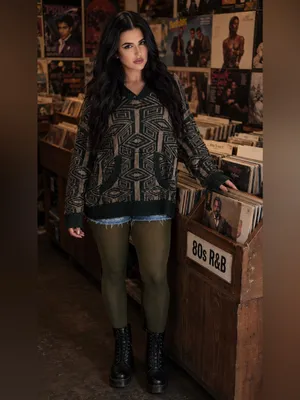 Free People Aztec Print Hoodie Sweater Moss Green Cream Oversized M thumbnail 9