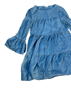 beachlunchlounge Light Blue Tiered Denim Dress with Bell Sleeves thumbnail 4