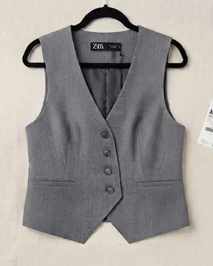 Zara Gray Pinstripe Tailored Asymmetrical Vest Sz L Quiet Luxury Old Money Core thumbnail 1