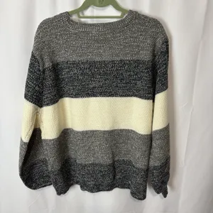 Zenana Colorblock Balloon Sleeve Knit Sweater Gray Black Cream Marled XL EUC thumbnail 7