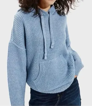 American Eagle baby blue crochet knit hoodie chunky ribbed knit blue sweater wom thumbnail 1