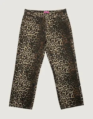 Edikted Leopard Print Denim Pants Brown Black Animal Print Straight Leg Size M thumbnail 1