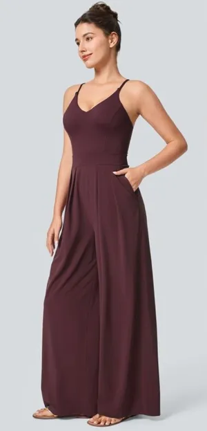 Halara Breezeful Backless, Side Zipper Sleeveless Wide Leg Jumpsuit Deep Plum L thumbnail 1