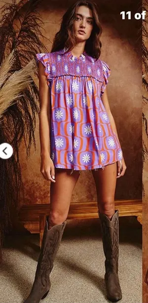 Bucket List Women Top Small‎ Purple Orange Retro Floral Smocked 70s Groovy Mod thumbnail 1