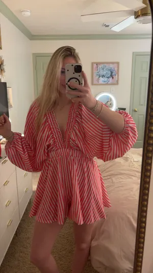Pink and white striped romper thumbnail 2