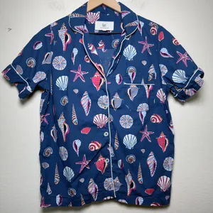 Printfresh Women Cotton Pajama Top XS Blue Seashell Starfish Button Front Pocket thumbnail 1