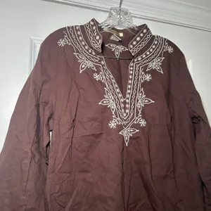 E.col.o.gie Brown Linen Cotton Embroidered Tunic Top Women Large Split Neck L thumbnail 2