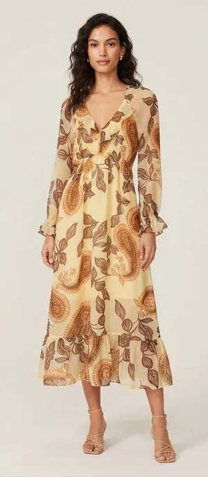 PATRONS OF PEACE Paisley Ruffle Maxi Dress S 17” p2p Pale Yellow $88 Retail NWT thumbnail 1