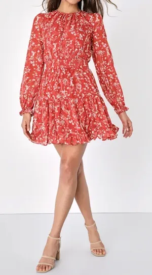 NWT Lulus Too Cute Rust Red Floral Print Smocked Long Sleeve Mini Dress thumbnail 1