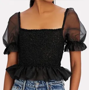 Staud Black Organza Puff Sleeve Crop Top thumbnail 1