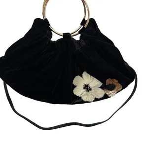Anthropologie Handbag Womens OS Black Floral Embroider Sequin Velvet Ring Handle thumbnail 2