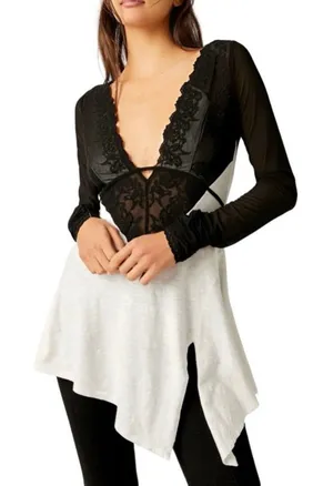 Free People‎ Rendezvous Long Sleeve Top Ivory Combo Lace Mesh Size XS NEW thumbnail 1