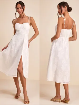 LULU’S Loveliest Looks White Floral Jacquard Tie-Strap Midi Dress thumbnail 2