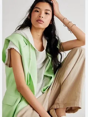 NWT Free People Linen Cotton Oversized Vest Shoulder Pad Long Length Lime Neon thumbnail 1