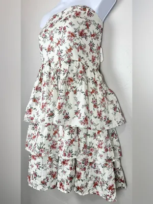 Altar'd State Ivory Strapless Floral Tiered Mini Dress Size Large thumbnail 5