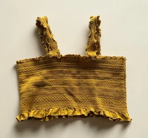 Kendall & Kylie Mustard Yellow Smocked Ruffle‎ Crop Top Small Boho Textured Knit thumbnail 1