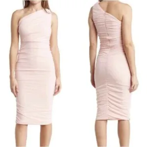 Love x Design One Shoulder Ruched‎ Pink Midi Dress Size Medium thumbnail 2