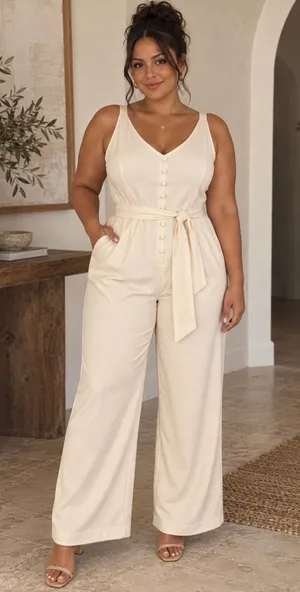The Limited Cream V-Neck Wide-Leg Jumpsuit thumbnail 1