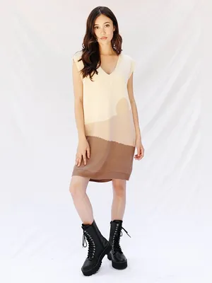 Miss Sparkling Sunset Cream Beige Brown Colorblock V Neck Knit Sweater Mini Dres thumbnail 4