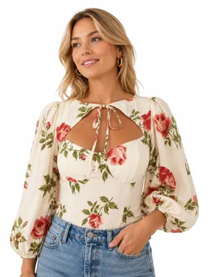 Reformation Brier Floral Top 10 Red White Rose Romantic Balloon Sleeve Cutout thumbnail 1