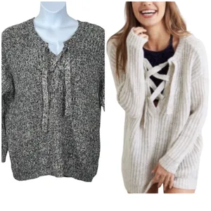 Aerie Chunky Lace Up Sweater XL Gray Confetti Knit Cozy Oversized Pullover thumbnail 2