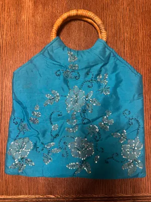Lord & Taylor Y2K Wooden Handle Blue Purse with Embroidered Flowers thumbnail 1