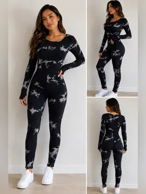 Women's Black Tie-Dye Long-Sleeve Jumpsuit thumbnail 2