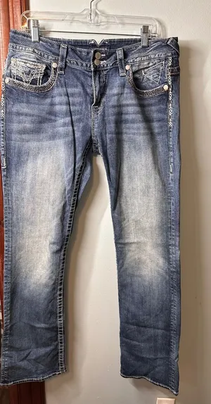 Vigoss The New York Bootcut Jeans Medium Wash Sequin Embroidered Flap Pocket 32 thumbnail 1