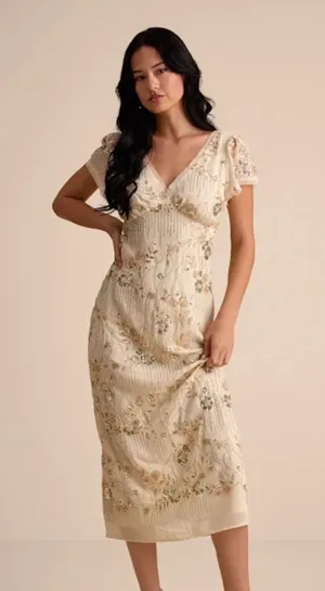 LULUS XS Ivory Puff Short Sleeve V Neck Floral Embroidered Midi Dress Back Slit thumbnail 1