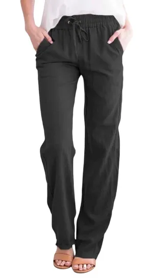 NWT ~ Women's Black Cotton Casual Straight Leg Drawstring High Waist Pants ~ M thumbnail 1