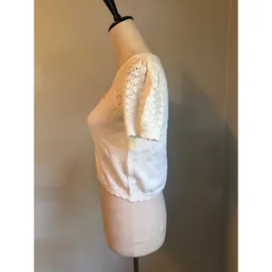 Knit Mix White Floral Embroidered Shimmer Crop Sweater Top Pointelle Puff y2k S thumbnail 4