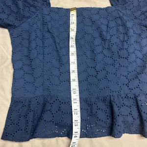 Draper James Navy Blue Puff Sleeve Square Neckline Peplum Hem Eyelet Top size M thumbnail 6