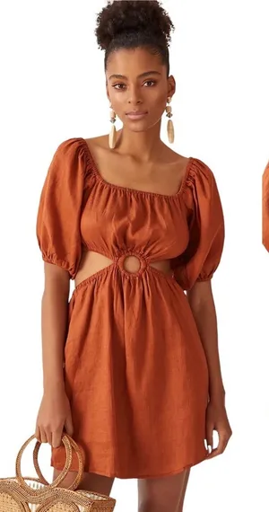 Anthropologie Faithfull‎ Almero Linen Square-Neck Puff-Sleeve Mini Dress NWT thumbnail 1