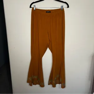 Yak N Yeti Rust Orange Pull On Boho Bell‎ Bottom Flare Asymetrical Hem Pants thumbnail 2
