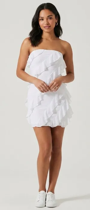 Strapless White Ruffle Mini Dress Size L thumbnail 1