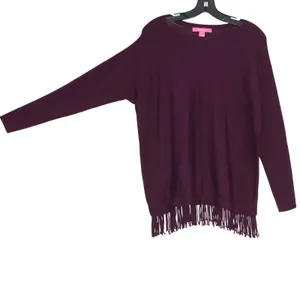 Lilly Pulitzer Sweater Glenda Coolmax Boho Fringe Western Cabernet Berry Small thumbnail 6