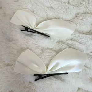 Ivory White Satin Hair Bow Clips - 2 Piece Set thumbnail 1