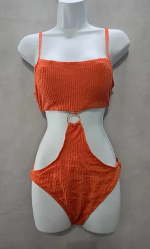 Orange One Piece Sexy Resort Beach Vacation 90s Textured Swimsuit Sexy Large thumbnail 1