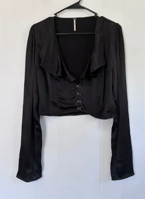 Free People Black Olivia Satin Ruffle Hook Eye Long Sleeve Crop Top Size S thumbnail 1