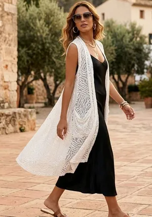White Lace Sz M Sleeveless Swim Cover Up Vest Open Front Duster Pockets thumbnail 1