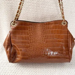 Nine West Cognac Brown Croc Embossed Textured Gold Chain Link Shoulder Bag Glam thumbnail 12