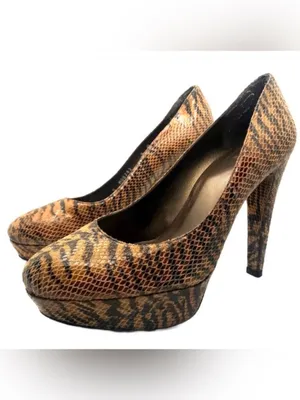 Stuart Weitzman Brown & Black Leather Animal Print Snakeskin Embossed Heels (9) thumbnail 2