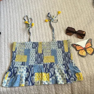 Natural life blue yellow boho floral patchwork smocked ruffle hem tops L XL​ thumbnail 2