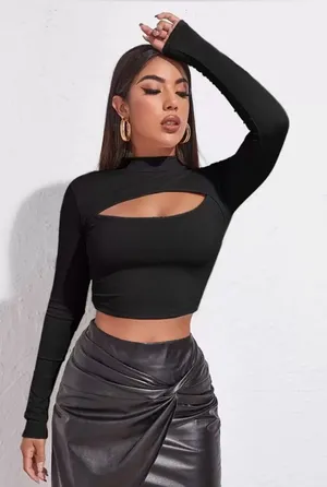 SHEIN Mock Neck Cut-Out Rib Knit Crop Top, Black, Size XS, NWOT thumbnail 1