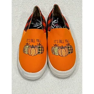 Orange Pumpkin “It’s Fall Y’all” Buffalo Plaid Canvas Slip On Sneakers Size 9.5 thumbnail 3