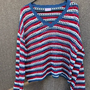 Pink Lily red, white, and blue striped crochet knit sweater top women’s Sz L thumbnail 2