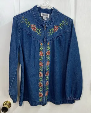 Vintage Country‎ Store blue denim cotton floral embroidered mock neck zip jacket thumbnail 1