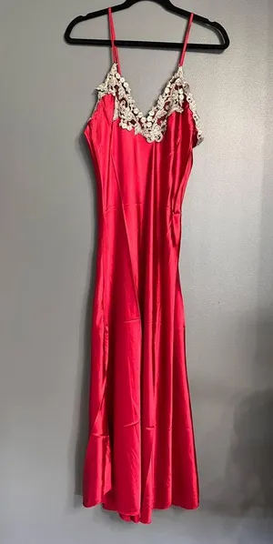 Elegant Vintage Red Satin Maxi Slip Dress Lace Trim Sleepwear Women’s Sz S EUC thumbnail 3