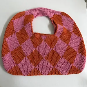 Kopari Knitted Argyle Shoulder Bag pink orange woven slouchy hobo handbag purse thumbnail 4